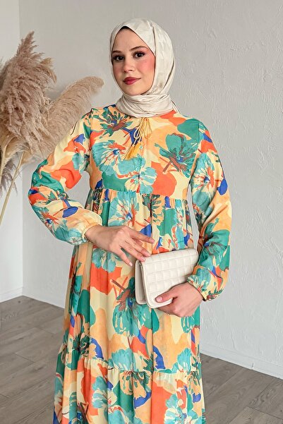 InStyle Patlı Desenli Şifon Turuncu Elbise