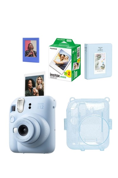 Fujifilm Instax Mini 12 Mavi Fotoğraf Makinesi Simli Pleksi Kılıf Pvc Albüm 20'li Film Ve Çerçeveli Hediye