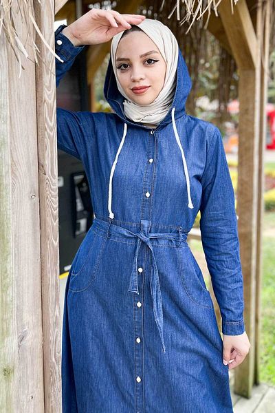 Tesettür Dünyası Elöl gombos farmer ruha Tsd220819 Sötétkék