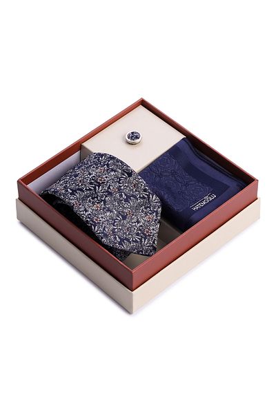 Hatemoğlu Navy Blue Tie Handkerchief and Lapel Badge Set of 3