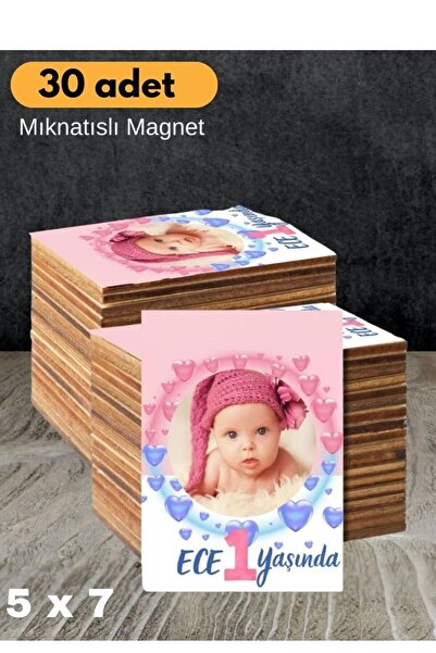 Elevres Bebek Çocuk Doğum Günü Resimli Fotoğraflı Ahşap Mıknatıslı Magnet 30lu
