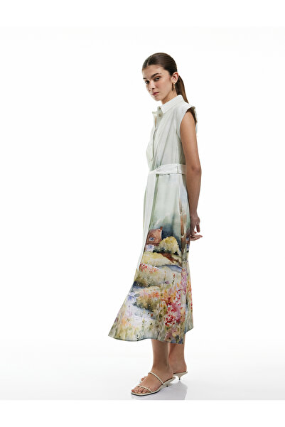 Koton Rochie cămașă lungă cu imprimeu peisaj din viscoză, fără mâneci, cu detaliu în talie