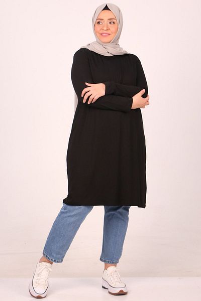 Eslina 38501 Plus Size Basic Combed Cotton Tunic - Black