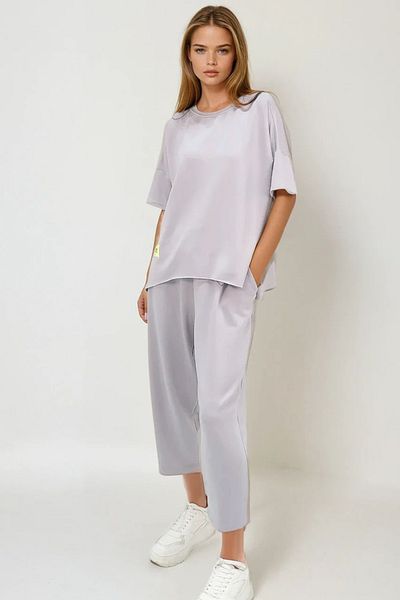 VAGGON Women's Stone Crew Neck Asymmetrical Cut Emblem Blouse and Pants Suit Prmxx11604