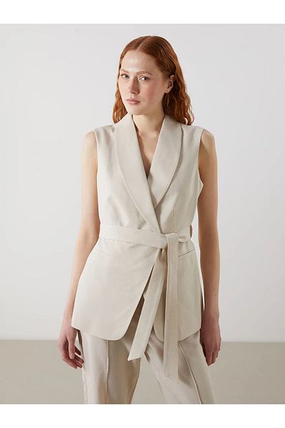 LC Waikiki Lcw Vision Khaki Jacket Collar Linen Blended Women's Classic Vest