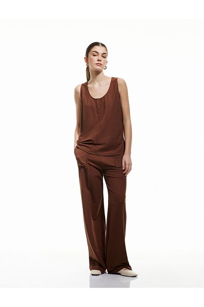 Koton Viscose Blended Straight Wide Leg Trousers with Lace-Up Waist