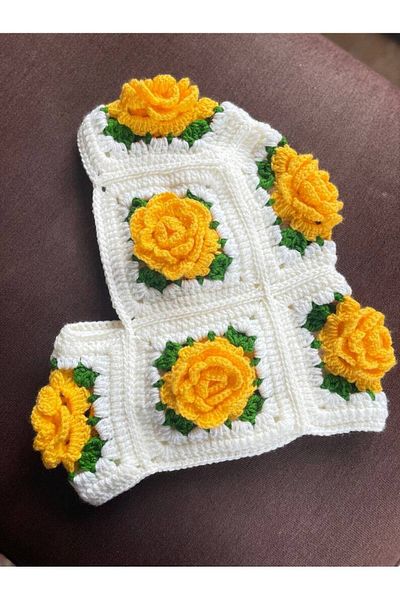 El örgüsü Rose Motif Crochet Beanie - Knit Neck Collar Balaclava Hat