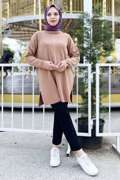 Tesettür Dünyası Schlitz detaillierter Pullover Tsd220716 Nerz