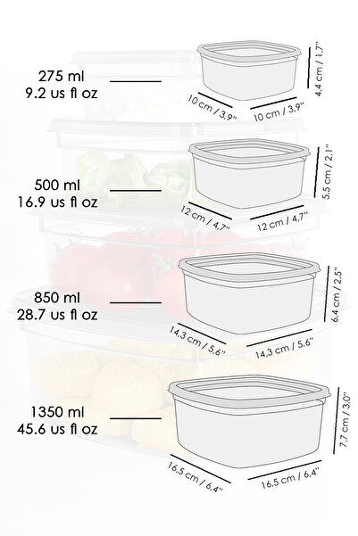 Meleni Home Set of 24 Square Leakproof Storage Containers - Organizer Food Container 6X(275-500-850-1350)Ml Anthracite