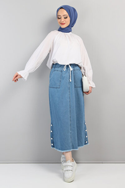 Tesettür Dünyası Denim Skirt with Flared Sides Tsd220431 Light Blue