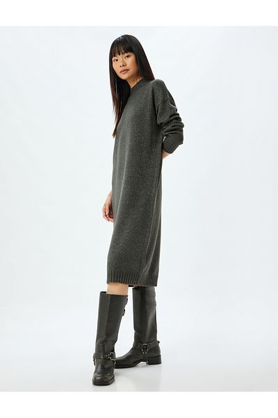 Koton Knitwear Dress Midi Length Stand Collar Long Sleeve Off-Shoulder Loose Fit
