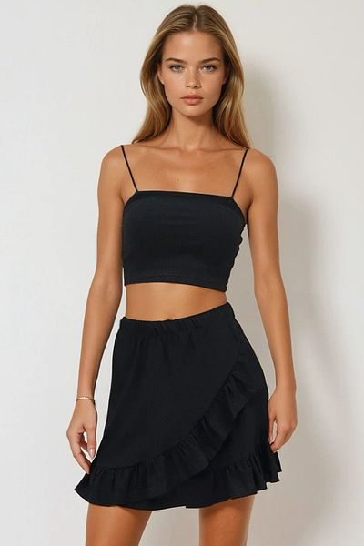 VAGGON Women's Black Elastic Waist Skirt Flounce Skirt Prmxx11862