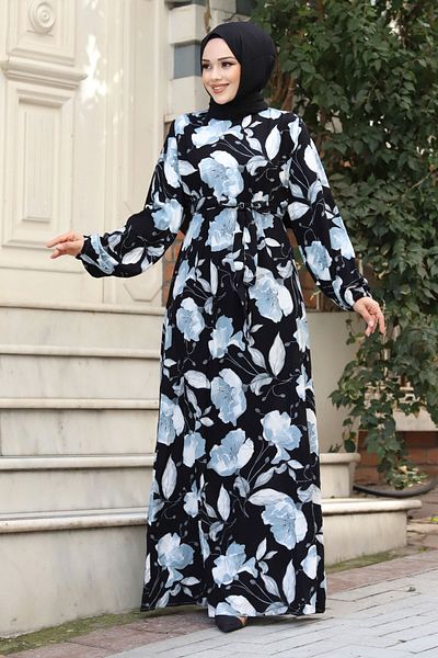 Tesettür Dünyası Hijab-Kleid mit großem Blumenmuster und Gürtel TSD240323