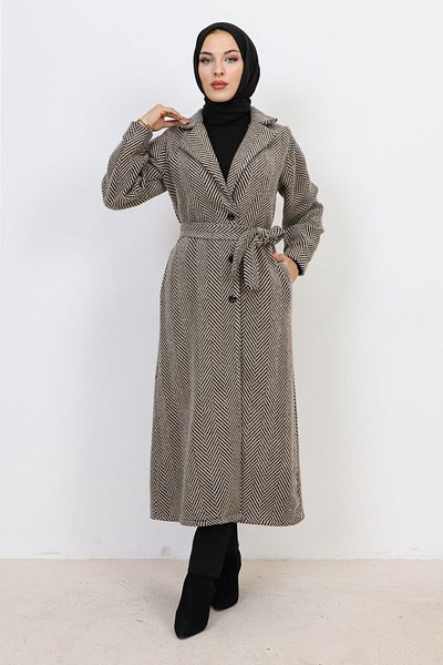 Tesettür Dünyası Zweireihiges geknöpftes Cape mit Kragen TSD231111 Beige