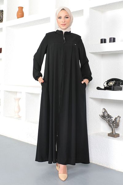 Tesettür Dünyası Hidżab Abaya z elastycznymi rękawami Tsd230334 Czarny