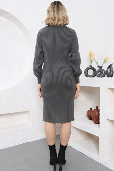 VEGENZE Γυναικείο Πλεκτό Μισό Ψαρά Φόρεμα με φερμουάρ από ανθρακί