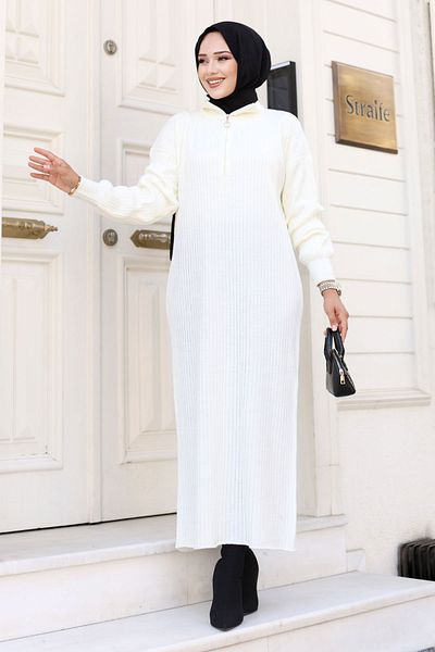 Tesettür Dünyası Ecru Knitwear Dress - Half Zipper TSD 240715
