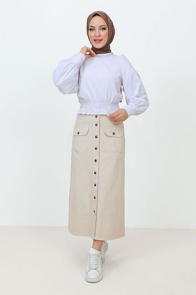 Tesettür Dünyası Geknöpfter langer Jeansrock mit Taschen TSD231202 Beige