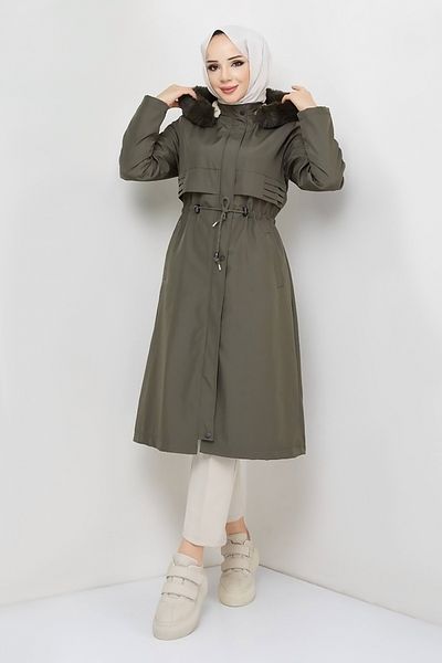 Tesettür Dünyası Pat Detaillierter Mantel TSD231011 Khaki