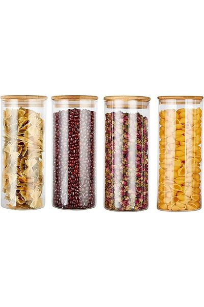 AKDC Set of 4 Round Glass Jars (1500ML) with Bamboo Airtight Lids for Kitchen Storage - Medium Size