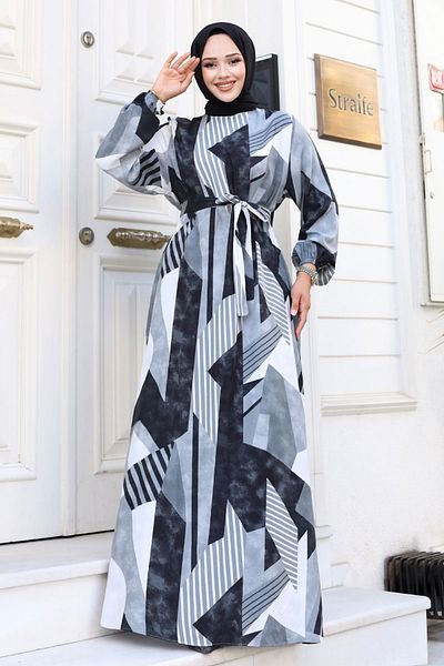 Tesettür Dünyası Graues Viskosekleid - Geometrisches Muster und Gürtel in der Taille TSD240712