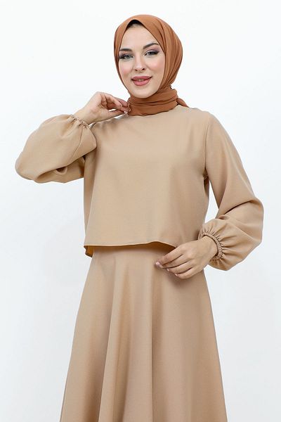 Tesettür Dünyası Rockanzug mit elastischen Ärmeln TSD231105 Beige