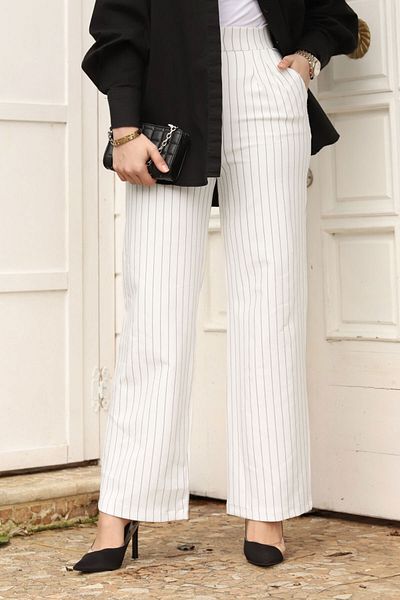 Tesettür Dünyası Striped Palazzo Trousers TSD240117 White