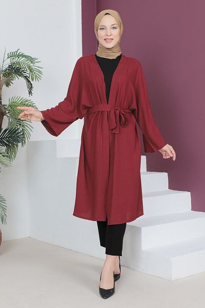 Tesettür Dünyası Kimono mit Taillengürtel TSD230513 Weinrot