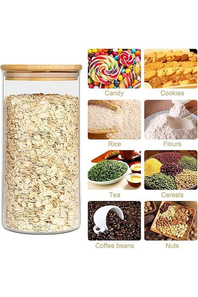 AKDC Set of 4 Round Glass Jars (1500ML) with Bamboo Airtight Lids for Kitchen Storage - Medium Size