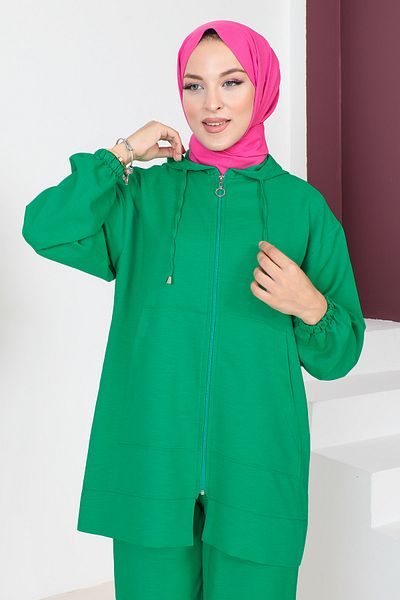 Tesettür Dünyası Dvojitý oblek s kapucňou TSD230703 zelený