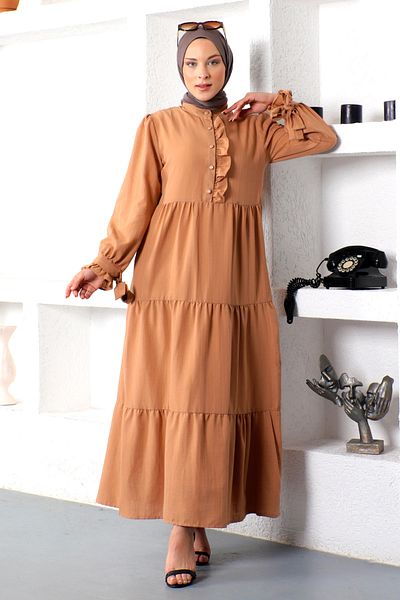 Tesettür Dünyası Δεμένο μανίκι Hijab Φόρεμα Tsd221207 Tan