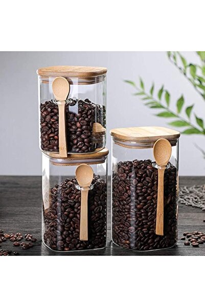 AKDC 500ml Square Glass Storage Jar with Wooden Lid & Spoon - [Pack of 3]