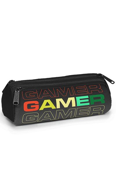 Coral High Kids Black Gray Gamer Patterned Three Compartment Pen Bag 11167