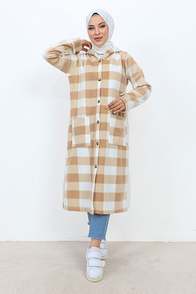 Tesettür Dünyası Karierter Fleecemantel mit Taschen TSD231101 Beige