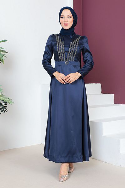 Tesettür Dünyası Večerní šaty s detailním páskem TSD230636 Navy Blue