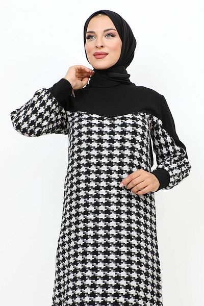 Tesettür Dünyası Kleid mit Hahnentrittmuster TSD231102 Weiß
