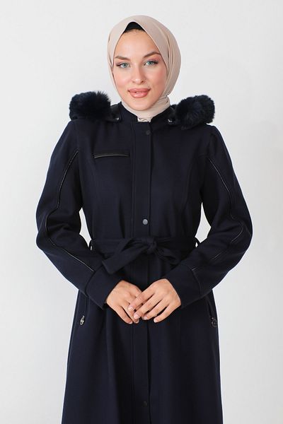 Tesettür Dünyası Detailní kožený kašmírový kabát po celé délce TSD230811 Navy Blue