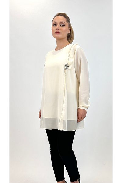 Ayda Triko Zero Collar Crepe and Chiffon Pleat - Stone Embellished Plus Size Blouse