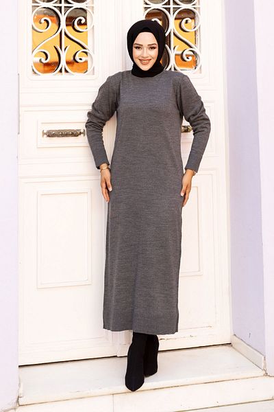 Tesettür Dünyası Smoke Colored Crew Neck Knitwear Dress - TSD 240720