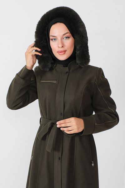 Tesettür Dünyası Leder-Kaschmirmantel in voller Länge TSD230811 Khaki