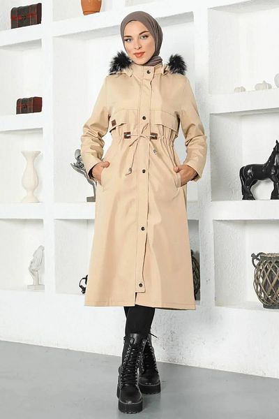 Tesettür Dünyası Taillengeschnürter Mantel Tsd1932 Beige