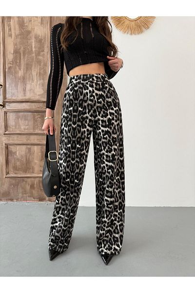BİKELİFE Damen-Lila-Palazzo-Hose mit weitem Bein aus Lycra-Stoff mit Leopardenmuster