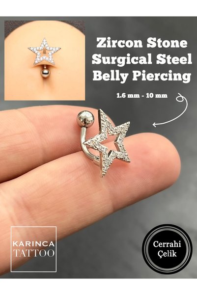 Karınca Piercing Yıldız Zirkon Taşlı Cerrahi Çelik Göbek Piercing Reverse Belly Piercing