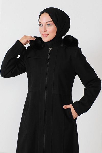 Tesettür Dünyası Patch Detaillierter Stempelmantel TSD230812 Schwarz