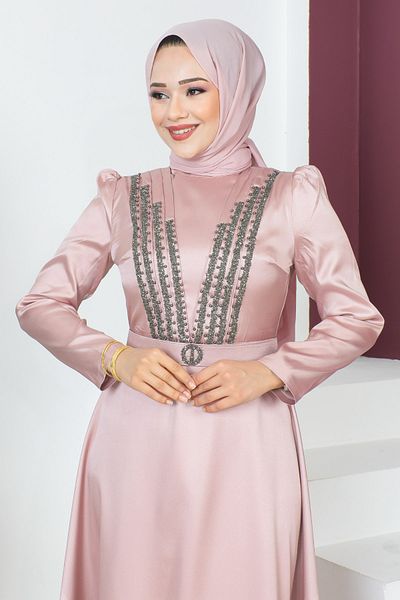 Tesettür Dünyası Gürteldetailliertes Abendkleid TSD230636 Puder