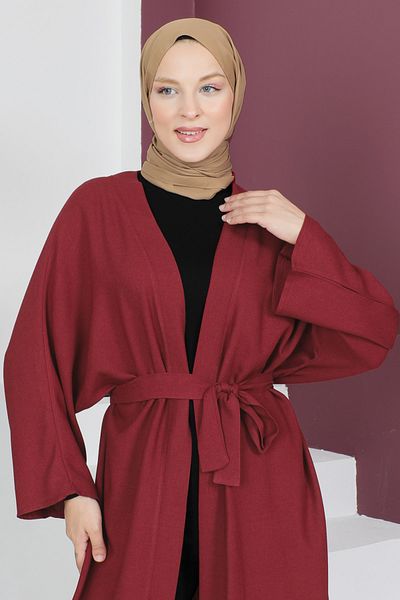 Tesettür Dünyası Kimono mit Taillengürtel TSD230513 Weinrot