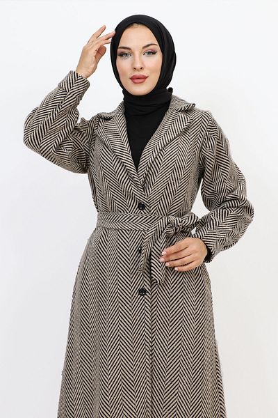 Tesettür Dünyası Zweireihiges geknöpftes Cape mit Kragen TSD231111 Beige