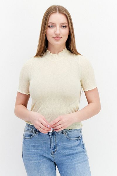 PIECES Women Mock Neck Short Sleeve Textured Top, Yellow