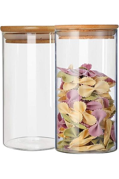 AKDC Set of 2 Glass Food Storage Jars (950ML) with Airtight Bamboo Lids – Clear Pantry Containers