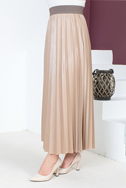 Tesettür Dünyası Skládaná sukně koženého vzhledu TSD221001 Mink